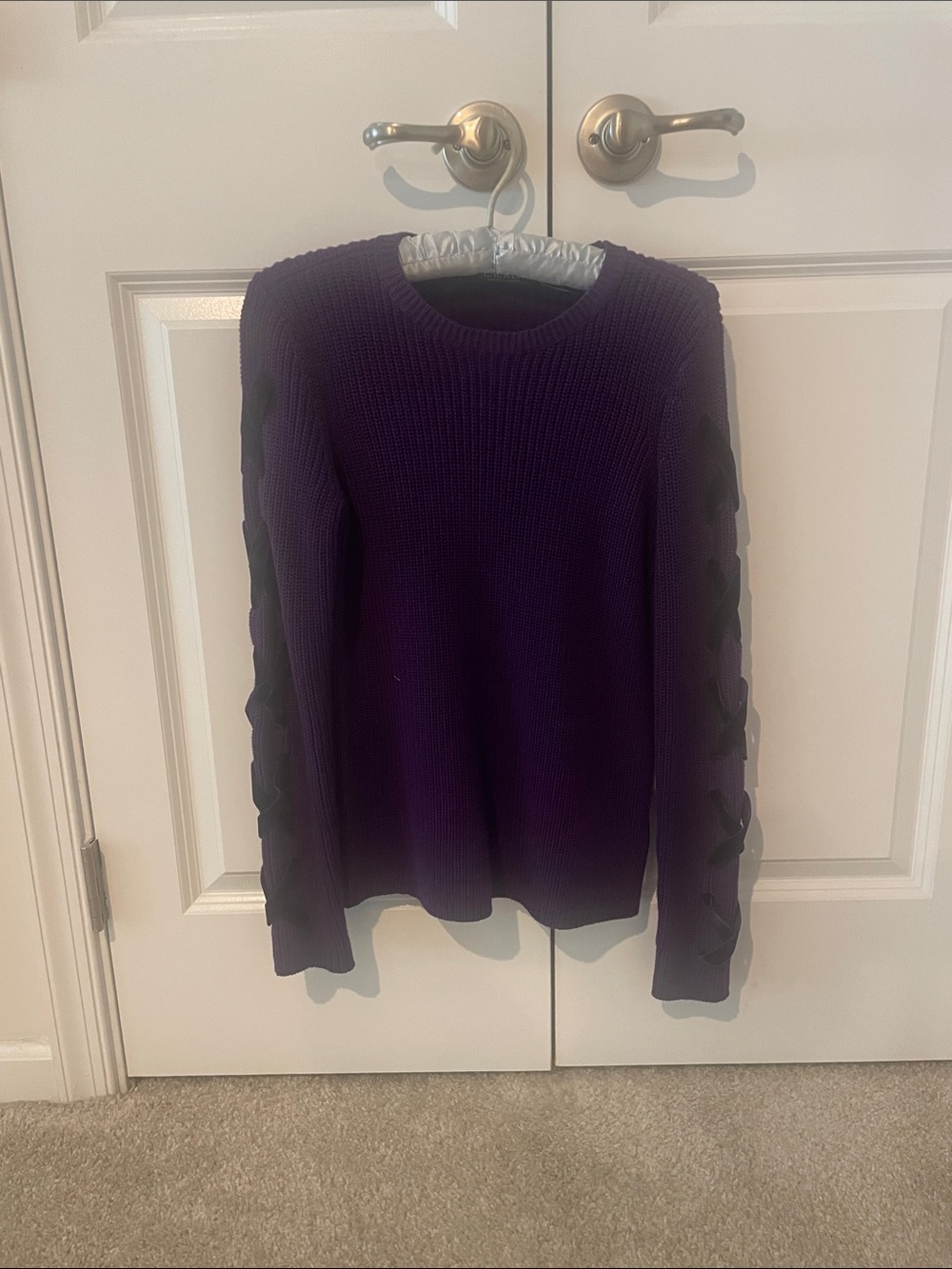 Lauren Ralph Lauren Deep Purple Crewneck Sweater with Sleeve Ribbon Detail
